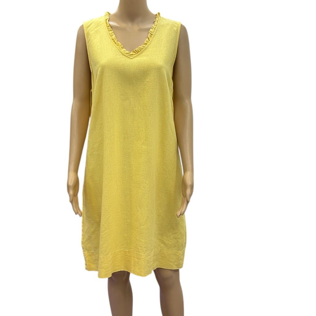 Briggs Linen Blend V Neck Sleeveless Pocket Midi Dress Yellow Womens Large